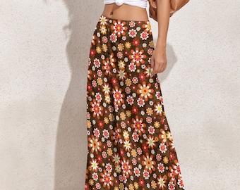 70s Brown Floral Palazzo Pants, Retro Wide Leg, Boho Hippie Style