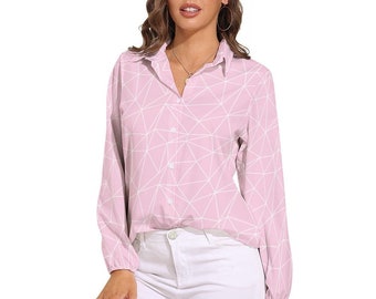 Pink Blouse Women, Geometric Top Women, Pink Long sleeve top Women, Pink White Top Women, Unique Top Women, Artistic Top Women