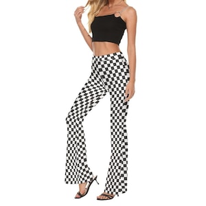 Flare Pants, Checker Pants, Black Checker Pants, Women&#39;s Flare Pants, Retro Flare Pants, Retro checker flare pants, Wide leg pants Women