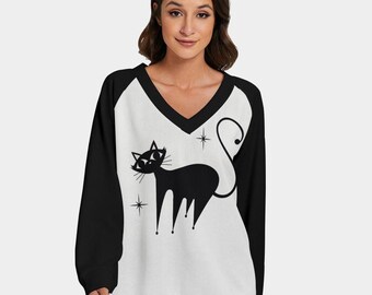 Women's Retro Cat Sweater | 50s Black Cat Print Knit Sweater | Vintage Cat Lover Pullover