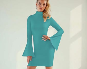 Vestido estilo años 60 y 70 para mujer, minivestido estilo años 60, vestido retro con mangas acampanadas, vestido go-go, vestido de cuello alto, vestido turquesa retro