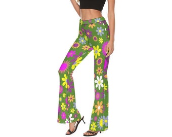 Pantalones de bengala, pantalones hippie de los años 70, pantalones florales, pantalones de pierna ancha, pantalones de bengala verdes, pantalones retro, pantalones estilo años 70, pantalones de yoga de pierna ancha, pantalones Mod 60s