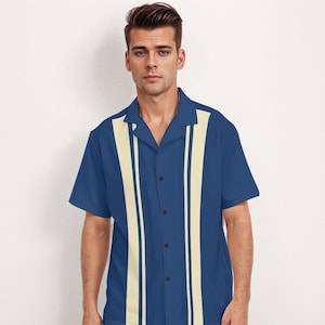 60s Shirt style men, 60s Style Top, Retro Shirt Men, Blue Stripe Shirt Men, Vintage Bowling Shirt, Vintage Style Top, Color Block Shirt Men