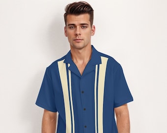 60s Shirt style men, 60s Style Top, Retro Shirt Men, Blue Stripe Shirt Men, Vintage Bowling Shirt, Vintage Style Top, Color Block Shirt Men
