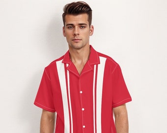 May include: A red short-sleeved button-down shirt with white vertical stripes. The shirt has a collar and a button-up front.