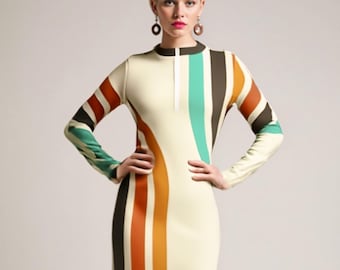 Groovy 70s Dress Style | Beige Brown Stripe Mini Dress | Long Sleeve Shift Dress | Retro Style Gogo Dress
