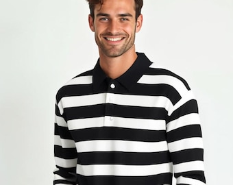 Men's Black and White Stripe Knit Polo Shirt | 90s Inspired Long Sleeve Polo Shirt Men