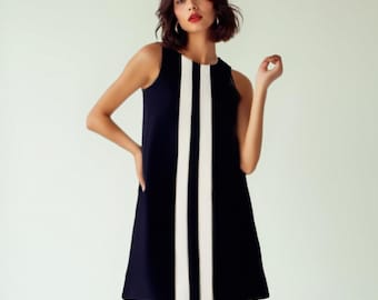 60s Dress Style, 60s Mod Mini Dress | Black gogo dress, Black Sleeveless Tent Dress | Vintage 60s White Stripe Dress