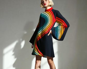70s Dress Style Disco Black Rainbow Stripe Bell Sleeve Dress Tent Mini Dress, Vintage inspired Turtleneck Dress