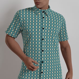Retro Shirt Men, Retro Top Men, 60s Top Men, 60s style shirt, Teal Shirt Men, Geometric Shirt Men, Mid Century Top, 60s inspired Top