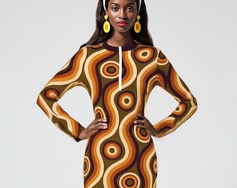 60s 70s Dress Style | Mod Groovy Brown Scuba Mini Dress | Vintage 60s Inspired Long Sleeve Shift Dress