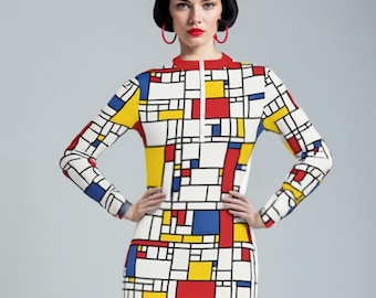 60s Style Mondrian Red BlueWhite  Geometric Scuba GOGO Mini Dress