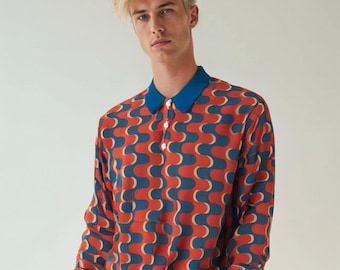 Men's 60s Mod Knit Polo | Retro Op Art Red & Blue Polo Shirt | Vintage Mod Style Knitwear