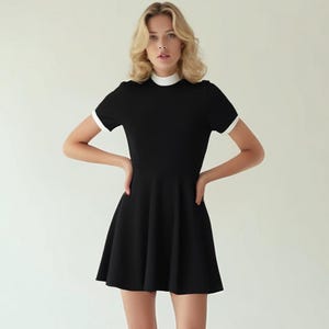 60s Dress Style, 60s Mod Black Mini Dress | Retro Black and White Turtleneck A-Line Mini Dress, Go Go Dress