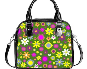 Bolso retro floral de los años 60, bolso de piel sintética verde