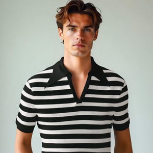 70s Shirt Style, Retro Polo Shirt Men, 70s Wing Collar Shirt, 70s Stripe Shirt, 70s Style Shirt, Retro Stripe Polo Shirt, Black Stripe Shirt