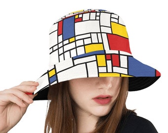 Bucket Hat, Mod Hat, 60s style hat, Unisex Hat, Mondrian Print Hat, Geometric Hat, Red Blue Hat, Vintage style hat