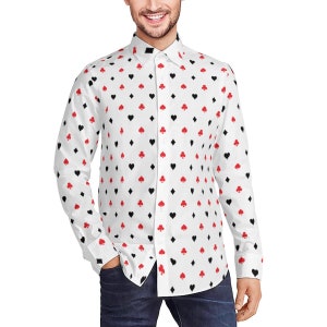 Camicia unica da uomo, camicia da gioco, camicia da casinò fortunato, camicia da uomo con stampa di carte da gioco, top con carte da gioco, camicia da uomo rossa bianca nera