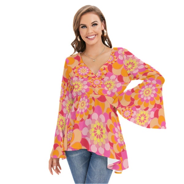 Top estilo años 70, blusa estilo años 70 para mujer, blusa hippie, top hippie para mujer, top de manga acampanada para mujer, top boho, top boho, top floral para mujer