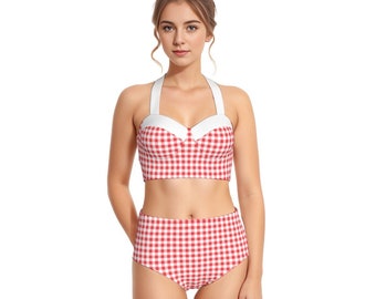 Red Gingham Bikini, Pin Up Bikini, Vintage Bikini Style, 50s Style Bikini, Vintage Swimsuit, High Waist Bikini, Two Piece Bikini Set