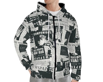 Men's Hoodie, Black Hoodie Jacket, Black Street Hoodie, Streetwear Hoodie, Hiphop Hoodie, Newspaper Print Hoodie, Rocker Style Hoodie