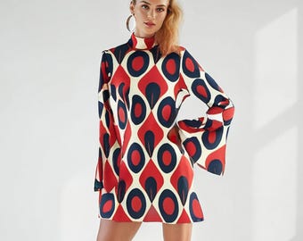 Vestido estilo años 70, vestido con mangas acampanadas de los años 70, vestido estilo años 60/70/vestido de cuello alto/minivestido estilo carpa de gasa con efecto op art rojo y negro retro