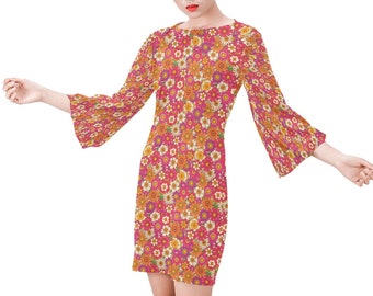 Pink Floral Dress, Retro Dress, 60s 70s Style Dress, Bell Sleeve Dress, Vintage Shift Dress Style, 70s Style Dress,70s style Hippie Dress,