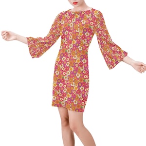 Pink Floral Dress, Retro Dress, 60s 70s Style Dress, Bell Sleeve Dress, Vintage Shift Dress Style, 70s Style Dress,70s style Hippie Dress,