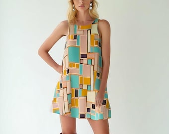 60s Dress Style | Mondrian Inspired Dress | Vintage Style Dress, Gogo dress, Trapeze Dress | Retro Geometric Tent Dress