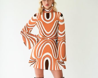 Groovy 70s dress style, 70s style Dress, 70s Psychedelic Orange Bell Sleeve Dress, Disco Dress | Retro Chiffon Turtleneck Mini Dress