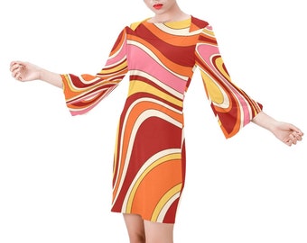 Groovy Dress, Hippie Dress, Stripe Dress, 70s Style Dress, Retro Dress, Vintage Style Dress, Bell sleeve,Multicolor Stripe Dress,Shift Dress