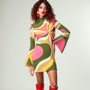 May include: A mini dress with a high neckline and long flared sleeves, featuring a swirling abstract pattern in olive green, pink, yellow, and cream. The outfit is paired with bright red knee-high boots and large red drop earrings.