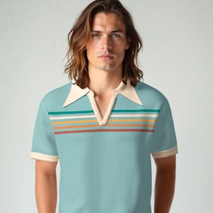 70s Shirt Style, Retro Polo Shirt Men, Men&#39;s 70s Wing Collar Shirt, Blue Stripe Knit Polo Shirt, 70s Style Shirt Men, Men&#39;s Hippie Shirt