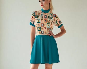 60s Mod Mini Dress, Geometric Print Teal A-Line Turtleneck