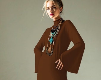 Boho 70s Dress Style, 70s Style Brown Turtle Neck Dress | Brown Bell Sleeve Dress, Go Go Dress | Hippie Dress, Vintage Style Shift Dress