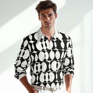 70s Shirt Style, Retro 70s Style Shirt Men, 70s Wing Collar Shirt, 70s Hippie Shirt Men,  Op Art Shirt, Geometric Black and White Shirt