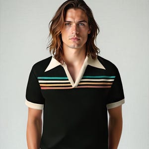 70s Shirt Style, Retro Polo Shirt, 70s Wing Collar Shirt, 70s Stripe Shirt, 70s Style Shirt, Stripe Polo Shirt, 70s Black Stripe Shirt