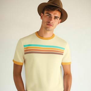 Retro Cotton Tshirt, Men’s 70s Retro T-Shirt | Retro 70s Stripe Cotton Tee | Vintage 70s 80s Style T-Shirt, 70s vintage style top,Hippie top