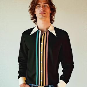 70s Shirt Style, Retro 70s Style Shirt Men, 70s Wing Collar Shirt , 70s Hippie Shirt, Dark Brown/Black Stripe Shirt, Boho Shirt Men
