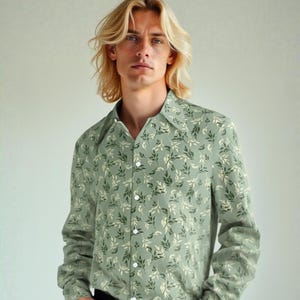70s Shirt Style, Retro 70s Style Shirt Men, 70s Wing Collar Shirt, 70s Hippie Shirt | Mint Green Shirt Men | Floral Shirt Men