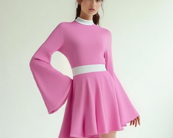 70s Dress Style | Vintage 70s Chiffon Dresses | 70s Style Pink Dress, 70s Bell Sleeve Dress | A-Line Mini Dresses, Boho Dress Disco Dress