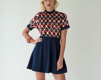 60s Dress Style, 60s inspired Mod Dress | Blue Red Vintage 60s Mini Dress Style | Turtleneck Dress, Geometric mini dress, Aline Dress