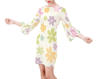 Mod Dress, Bell Sleeve Dress, 60s 70s style dress, 70s inspired dress, Multicolor Pastel Floral Dress, Vintage Style Dress, Hippie dress