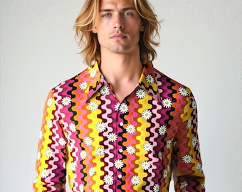 70s Shirt Style, Retro 70s Style Shirt Men, 70s Wing Collar Shirt, 70s Hippie Floral Shirt Men, Groovy 70s Shirt Men | Disco Shirt Men