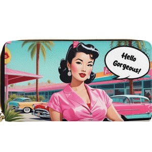 Cartera con cremallera para mujer/ Cartera personalizada con diseño pop art/ Cartera con nombre personalizado para mujer/ Regalo único para ella/ Cartera de piel sintética con cremallera