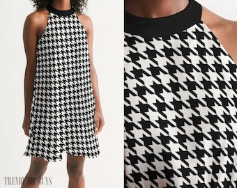 Vintage Dress Style, Houndstooth Dress, Retro Dress, Halter Dress, Black Houndstooth Dress, 60s Dress Style, Womens Dresses