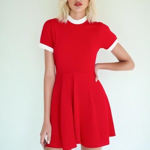 60s Dress Style, 60s Mod Red Mini Dress | Retro Red and White Turtleneck A-Line Mini Dress, Red Go Go Dress, Mod dress