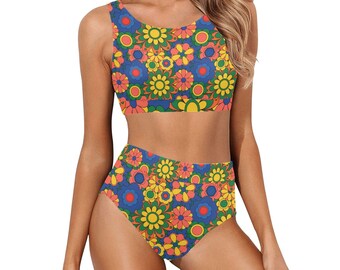Retro Floral Bikini, 60s 70s Style Two Piece Swimsuit