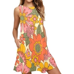 Mod Kleid, 60er 70er Stil Kleid, 60er Jahre Stil Kleid, Vintage Stil Kleid, Blumen Kleid, Rosa Orange Kleid, Zelt Kleid