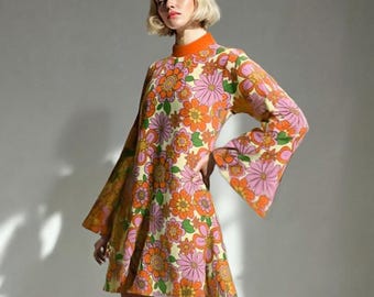 70s Dress Style | Retro Bell Sleeve Dress | Multicolor Orange Floral Tent Dress | 70s Disco Dress, Turtle Neck Dress, Retro Floral Dress